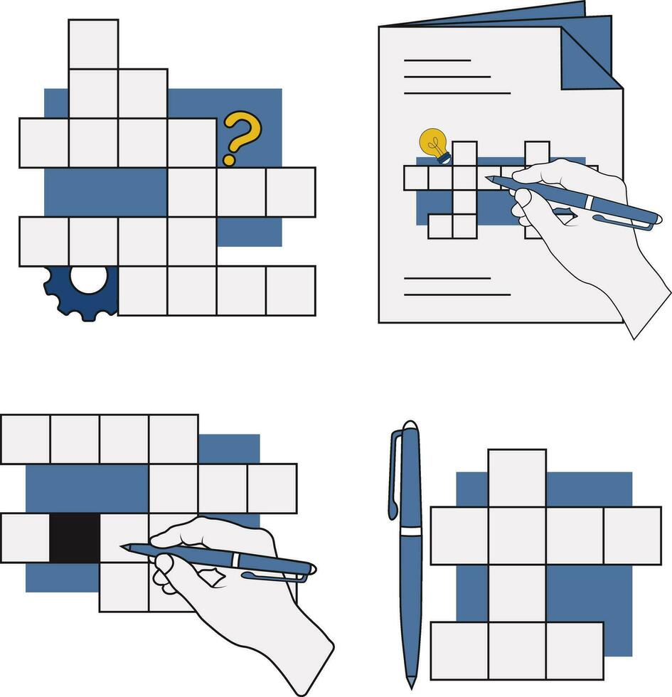 Set of Crossword Puzzle Day. With Pen, Lamp, and Hand. Isolated Vector Illustration.