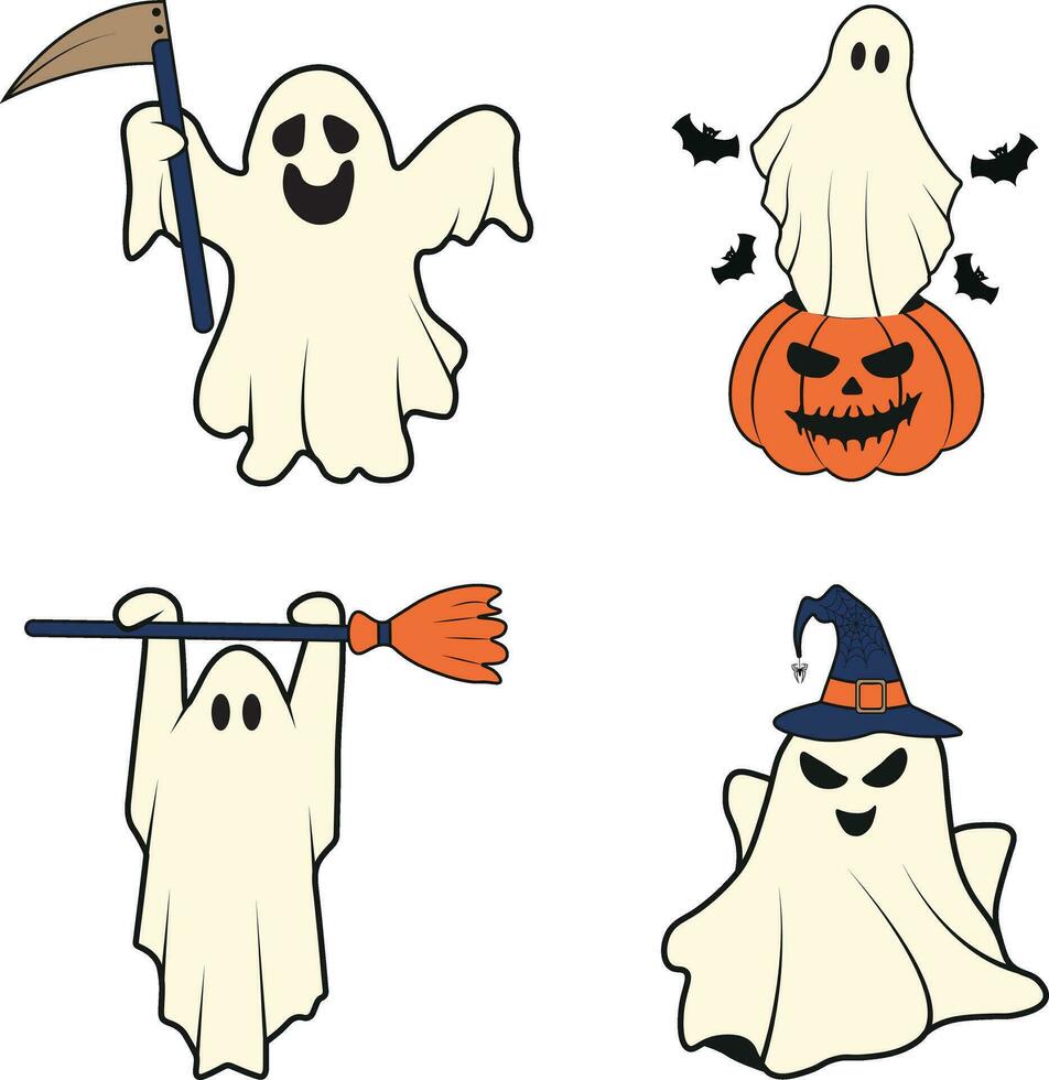 Retro Ghost Halloween Icon Set. With Cute Cartoon Design. Vector Illustration.