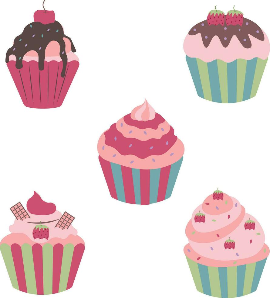 Collection of Cupcake Dessert. With Cartoon Design Style. Isolated Vector Illustration.