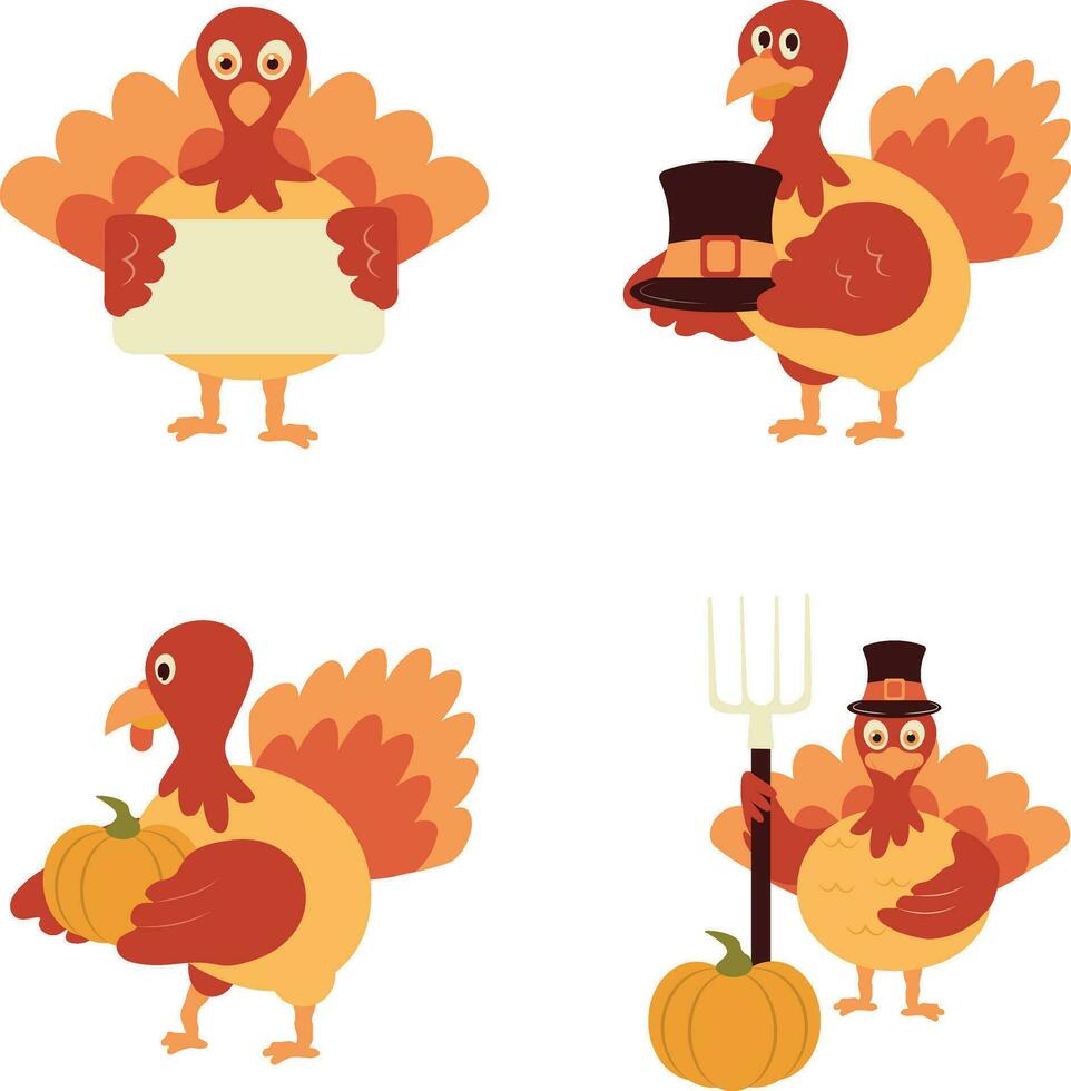 Thanksgiving Turkey Icon Set. With Cartoon Design Style. Vector Illustration.