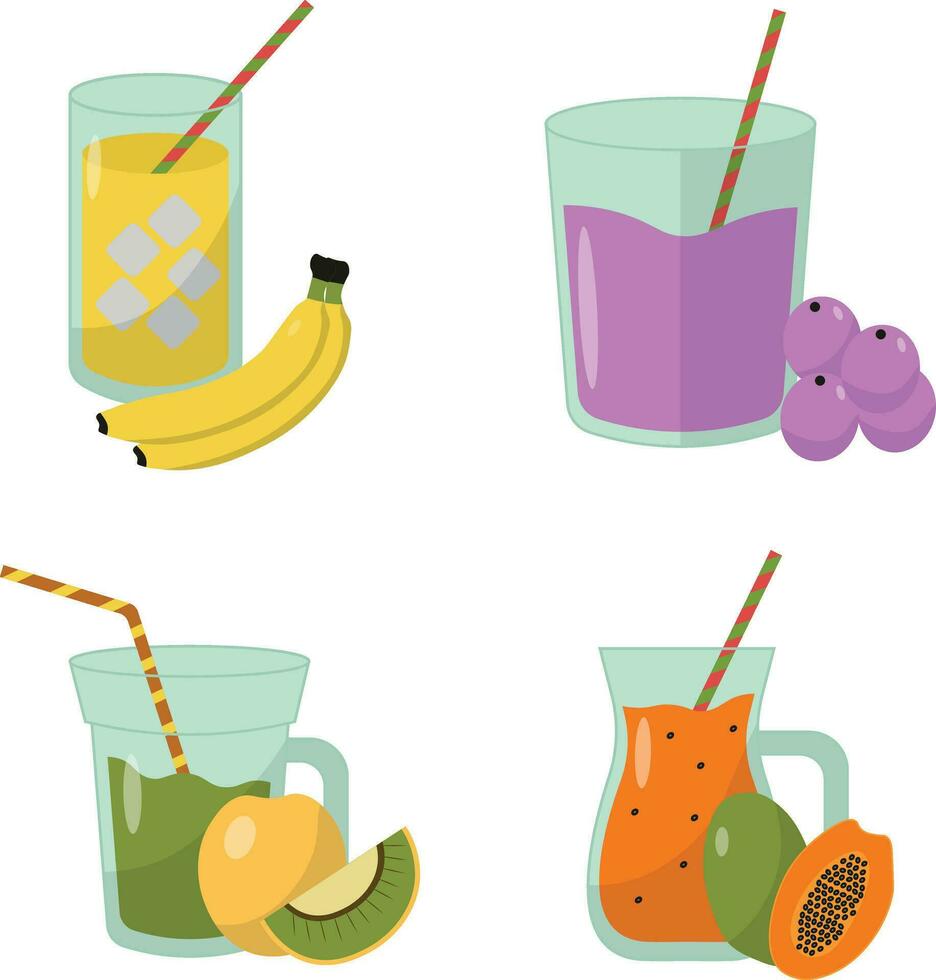 Fruit Juice Smoothie With Different Types Fruit. Isolated On White Background. Vector Illustration Collection.