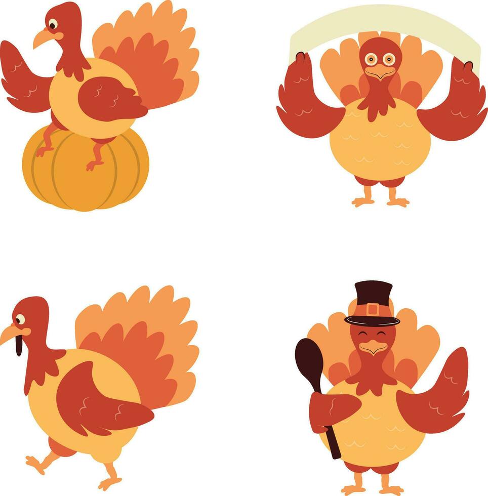 Thanksgiving Turkey Icon Set. With Cartoon Design Style. Vector Illustration.