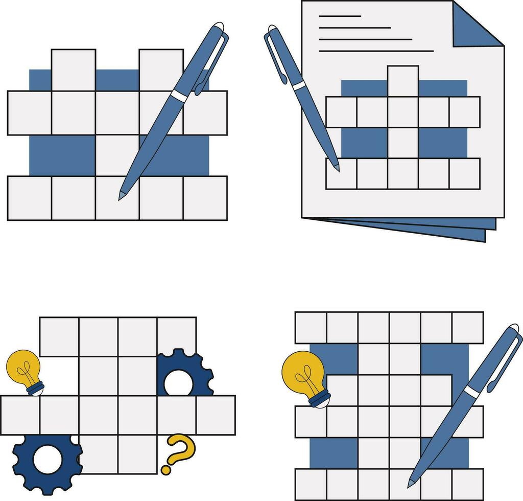 Set of Crossword Puzzle Day. With Pen, Lamp, and Hand. Isolated Vector Illustration.