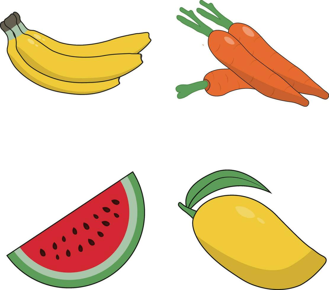 Fruits and Vegetables With Different Types. Isolated On White Background. Vector Illustration Set.