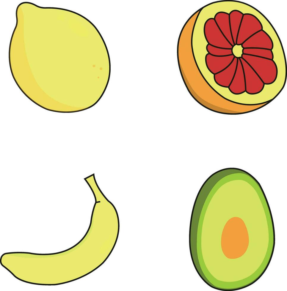 Fruits and Vegetables In Different Types. Vector Illustration Set.