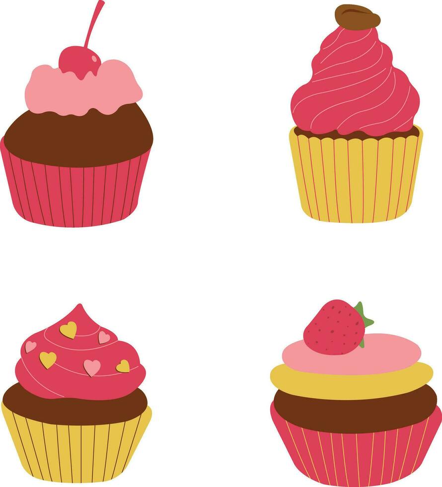 Cupcake Dessert Icon With Cute Cartoon Design. Vector Illustration Set.