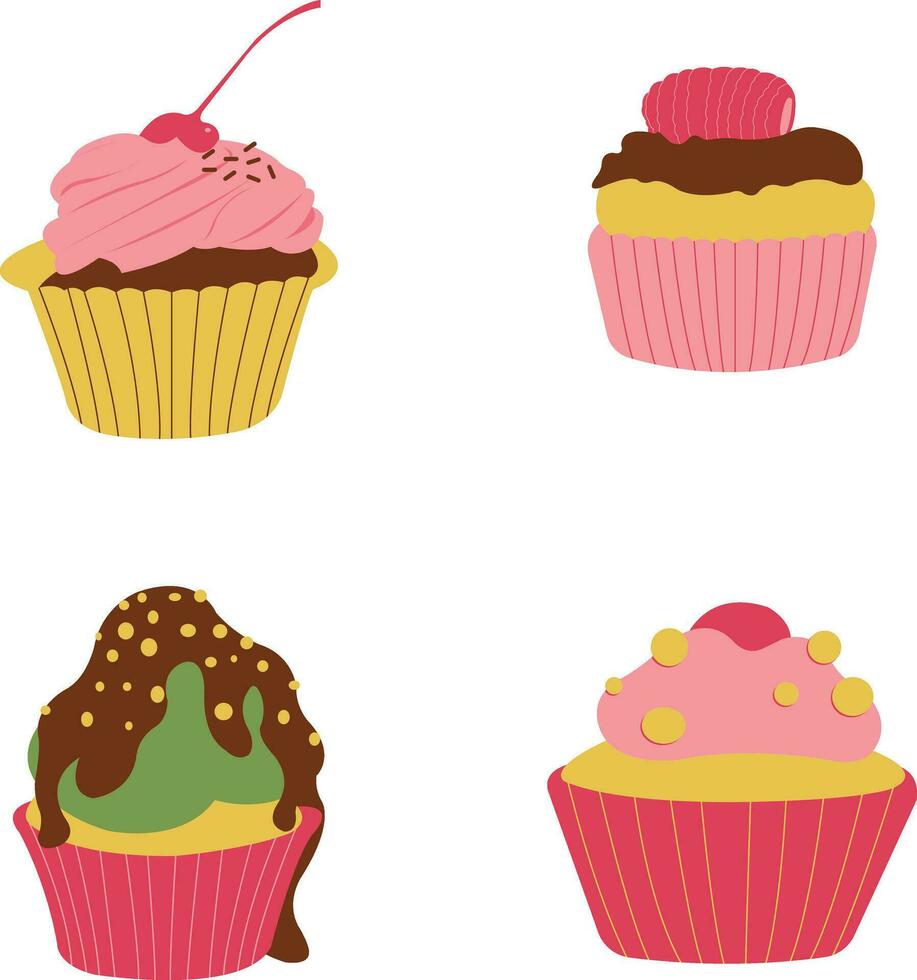 Cupcake Dessert Icon With Cute Cartoon Design. Vector Illustration Set.