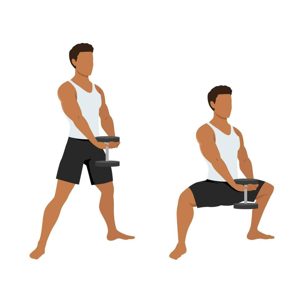 Man doing plie squat exercise with dumbbell. vector