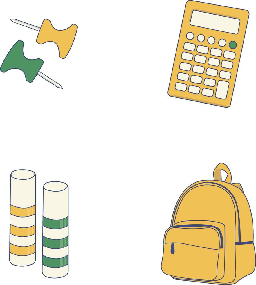 Collection of Primary School Equipment. With Flat Cartoon Design. Isolated Vector Icon