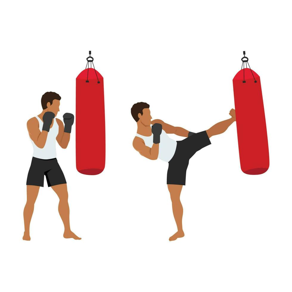 Man doing hook kick exercise on sandbag. Kickboxing martial art workout. vector