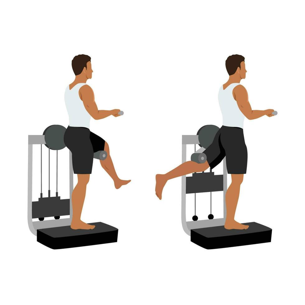 Man doing Rear leg raise workout with machine. Lever standing rear kick exercise. vector