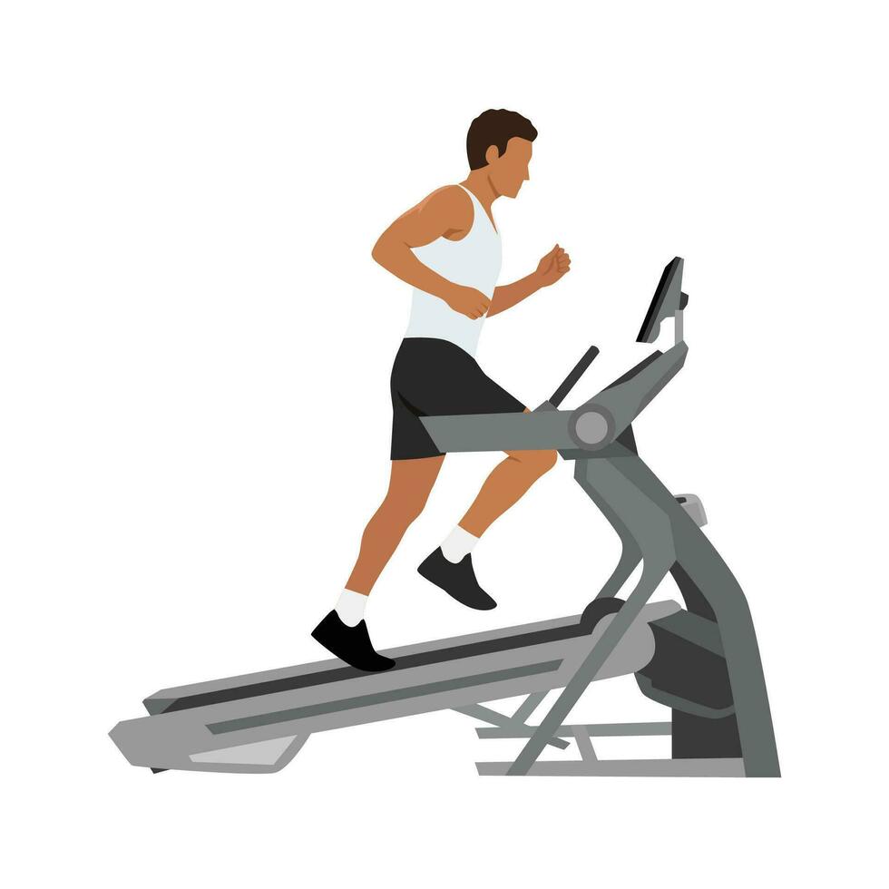 Man running on incline treadmill. Cardio on gym exercise. vector