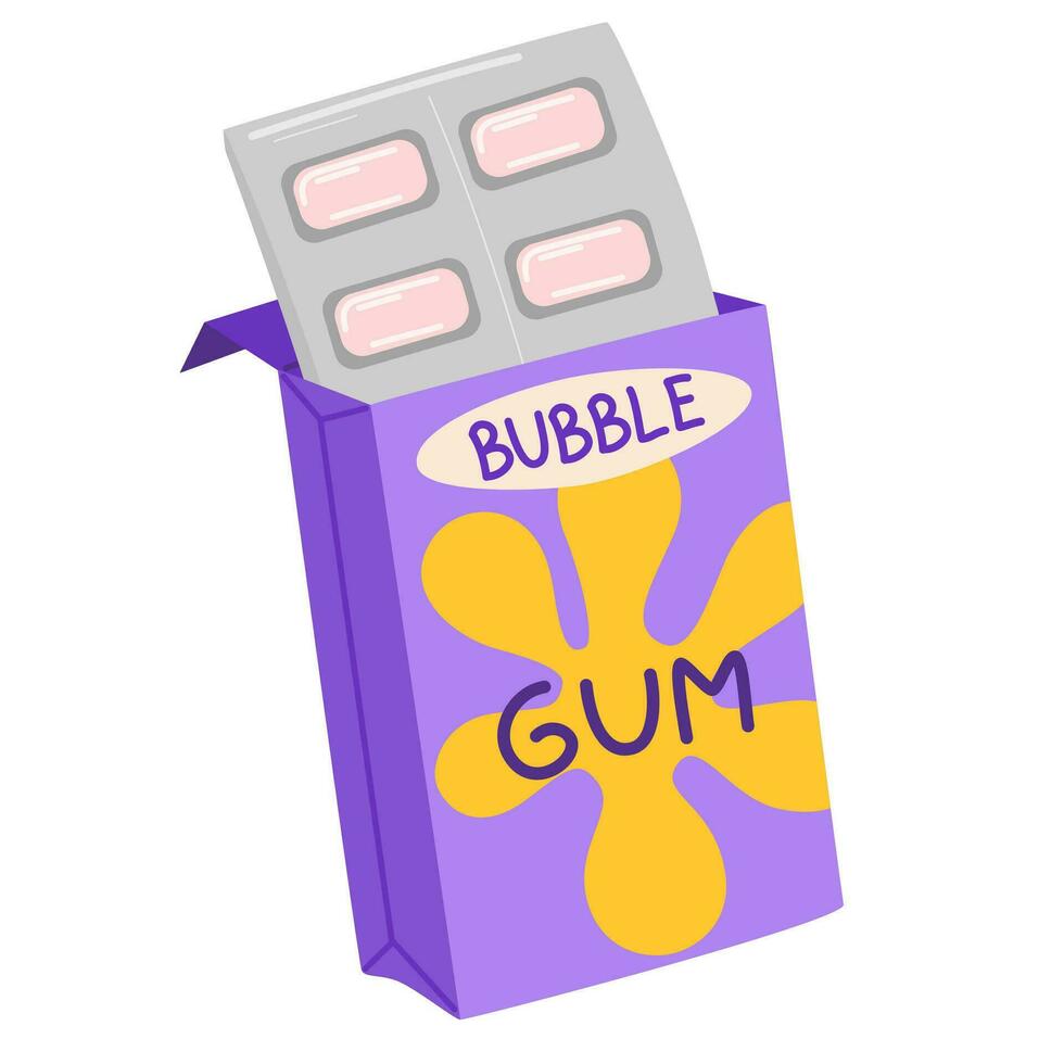 Bubble gum chewing candy. Bubblegum sugar desserts, marmalade. Sweet snack in pack for children. Vector illustrations isolated on the white background