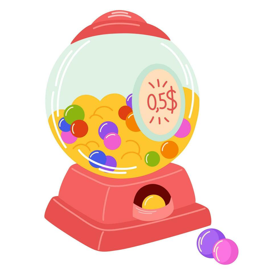 Gum ball coin operated machine. Bubble gum chewing candy. Bubblegum sugar desserts, marmalade. Sweet snack in pack for children. Vector illustrations isolated on the white background