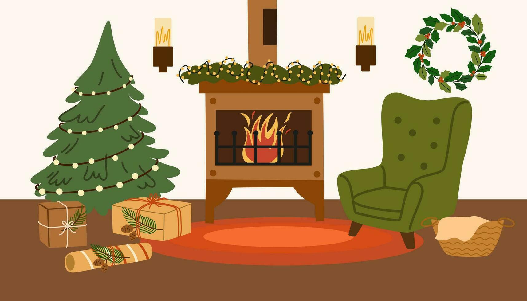 Christmas Living room modern interior. Fireplace, armchair with pillow, Christmas garland, Christmas tree, gifts, holiday decor. Vector illustration of furniture for house isolated on white background