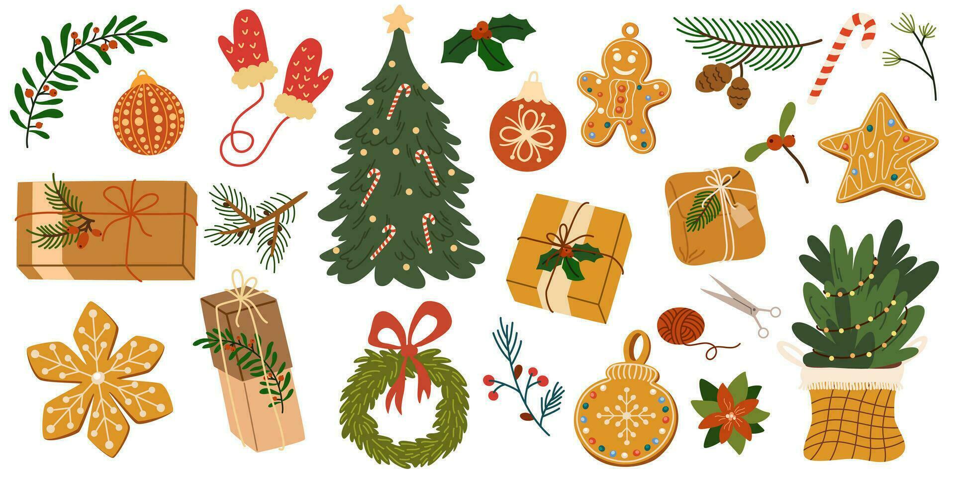 Navidad grande conjunto de elementos con pan de jengibre galletas, Navidad árbol, juguetes, regalos, piel árbol, mitones. pegatinas colocar. invierno fiesta decoraciones vector mano dibujar ilustración aislado