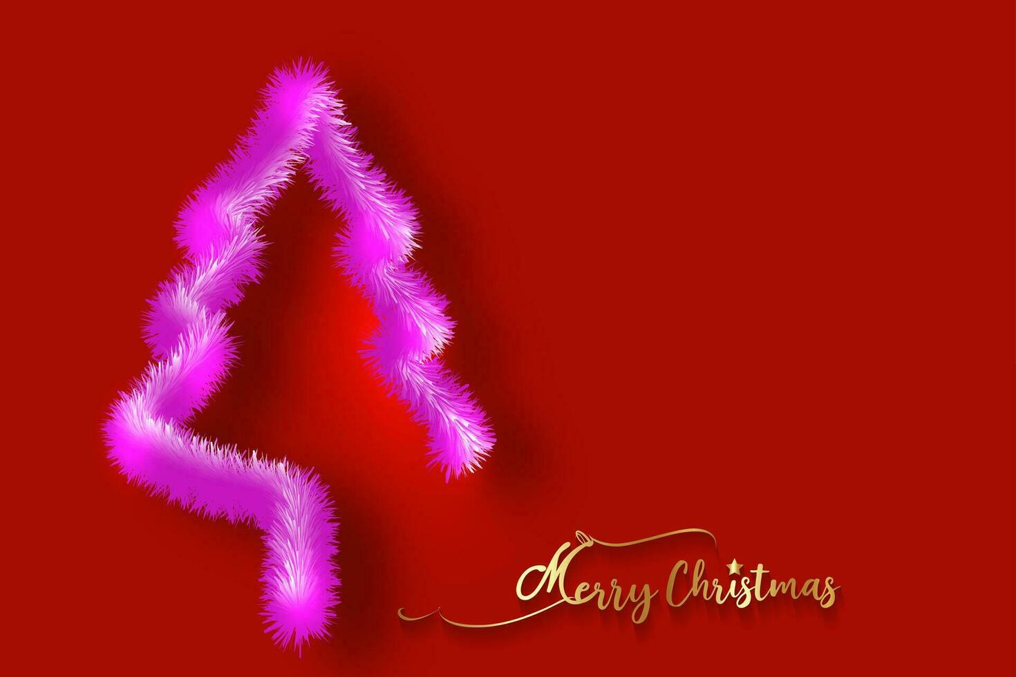 Christmas Tree background and  Merry Christmas gold calligraphy. pink Fir tree symbol in fur effect style. Holidays vector red template for greeting card, postcard, banner, poster, sale and text