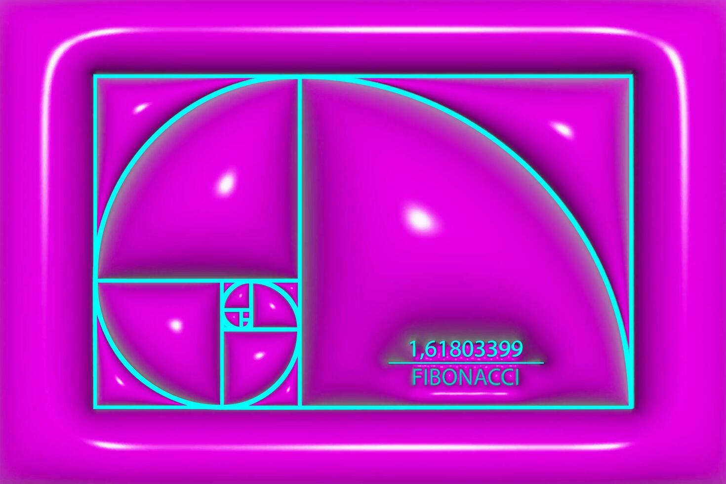 3D Fibonacci Sequence Golden ratio. Geometric shapes spiral of Glossy plastic texture. Sea shell, fashion puffy background. Sacred geometry logo template. Vector cover vibrant pink bubbles background