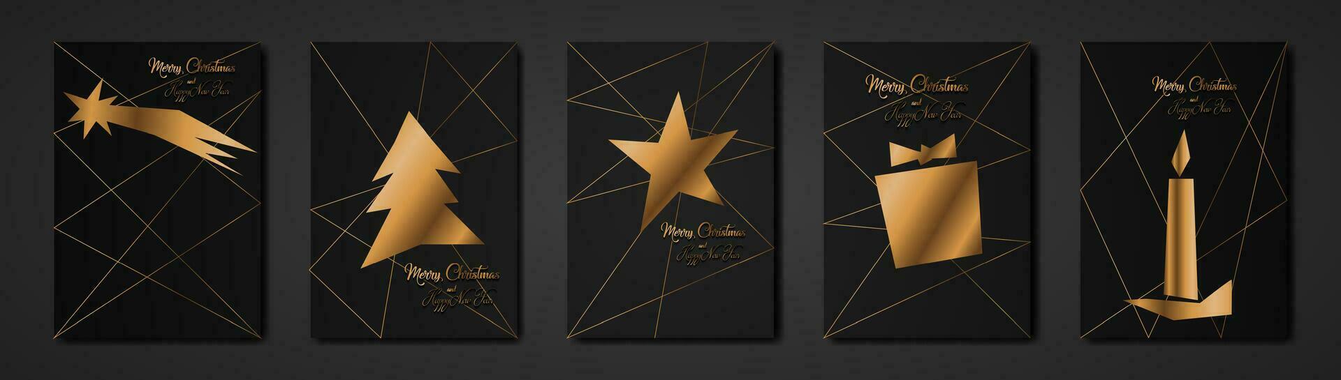 Set black card of Merry Christmas and Happy New Year, greeting cards, posters, Holiday covers. Design templates with typography, season wishes in gold luxury minimalist style for web, social media vector