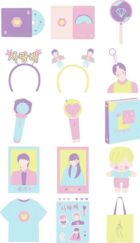 Kpop Merch Handdrawn Illustration Set vector