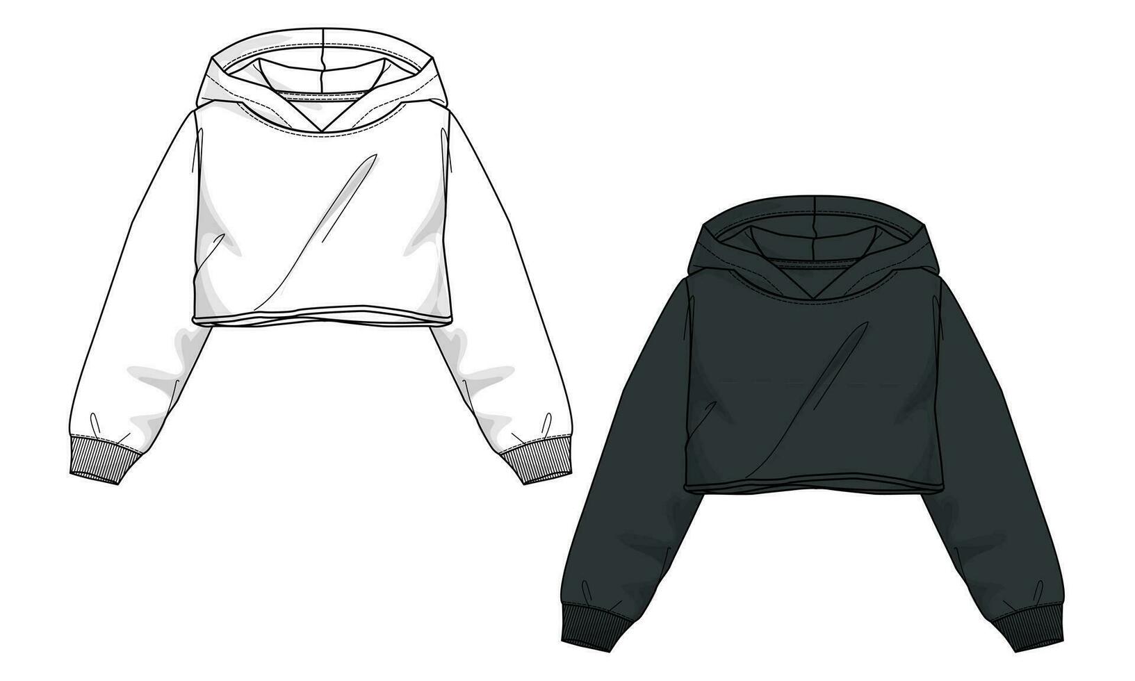 Long sleeve hoodie technical drawing fashion flat sketch vector illustration white and black color template for women's