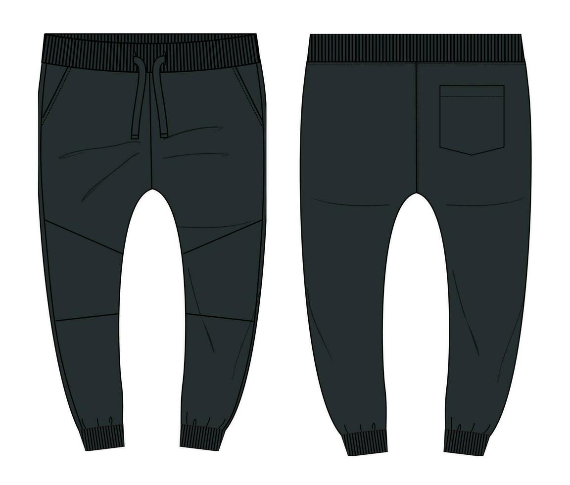 Fleece cotton jersey basic Sweat pant technical fashion flat sketch template front and back views. Apparel jogger pants vector illustration black color mock up for kids and boys.