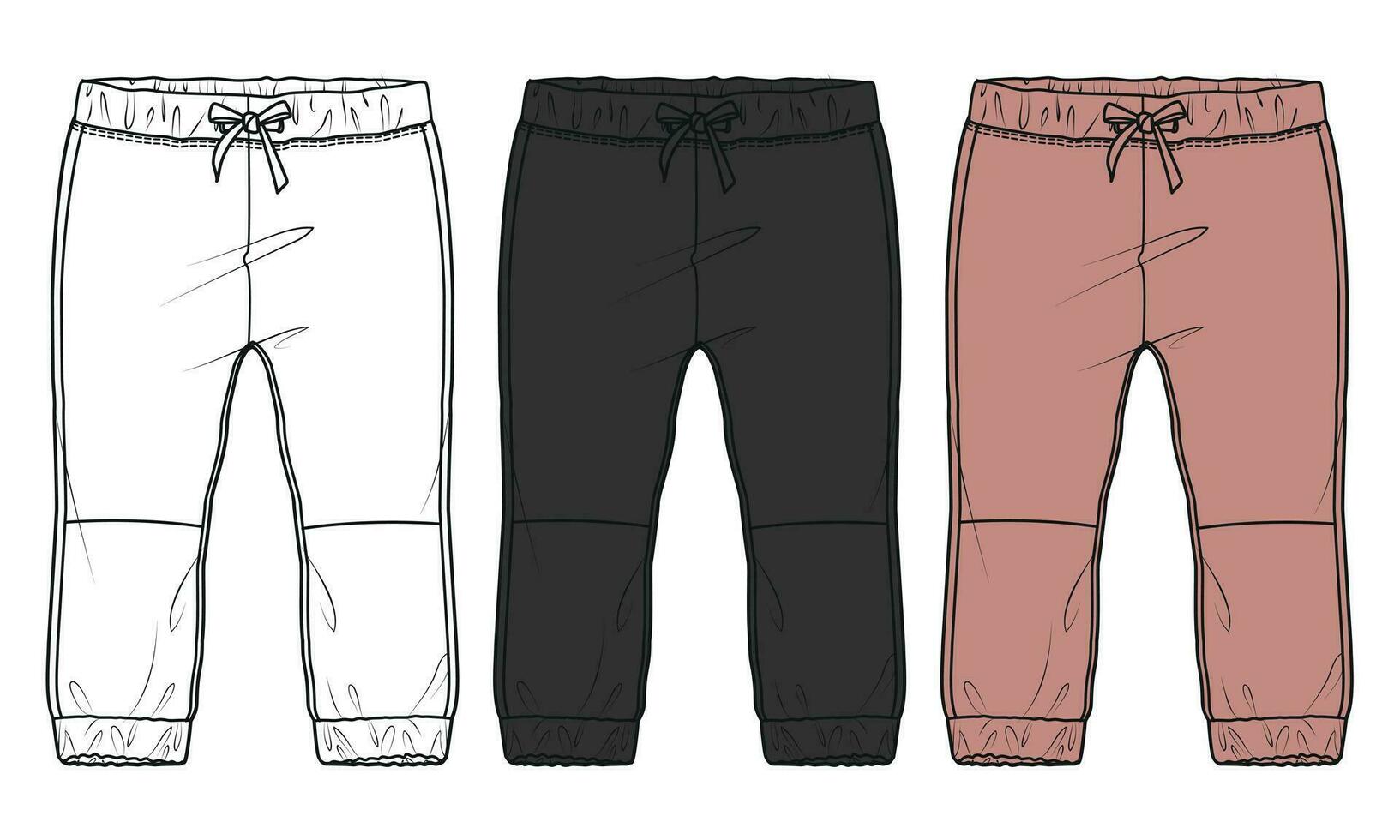 Fleece cotton jersey basic Sweat pant technical fashion flat sketch template front and back views. Apparel jogger pants vector illustration white, black and purple color mock up for kids and boys.