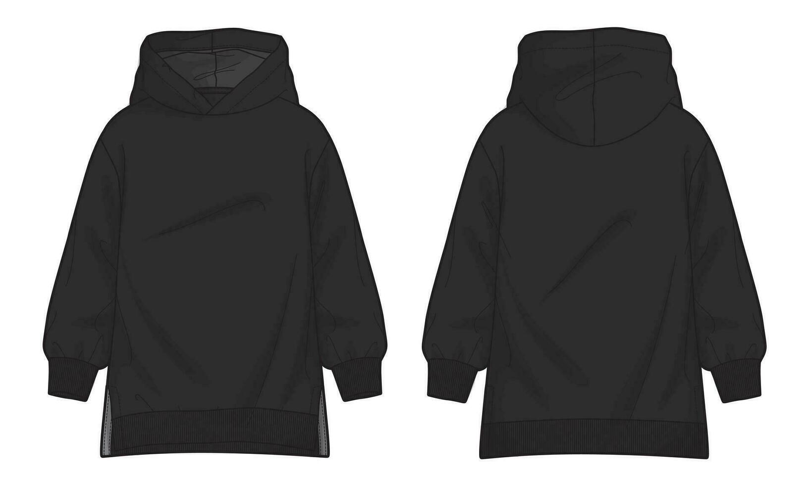 Long sleeve hoodie technical drawing fashion flat sketch vector illustration black color template for women's