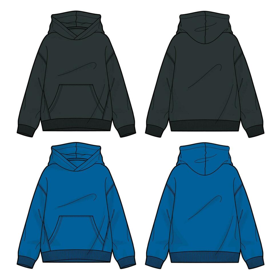 Long sleeve hoodie technical drawing fashion flat sketch vector illustration black and blue color template for women's