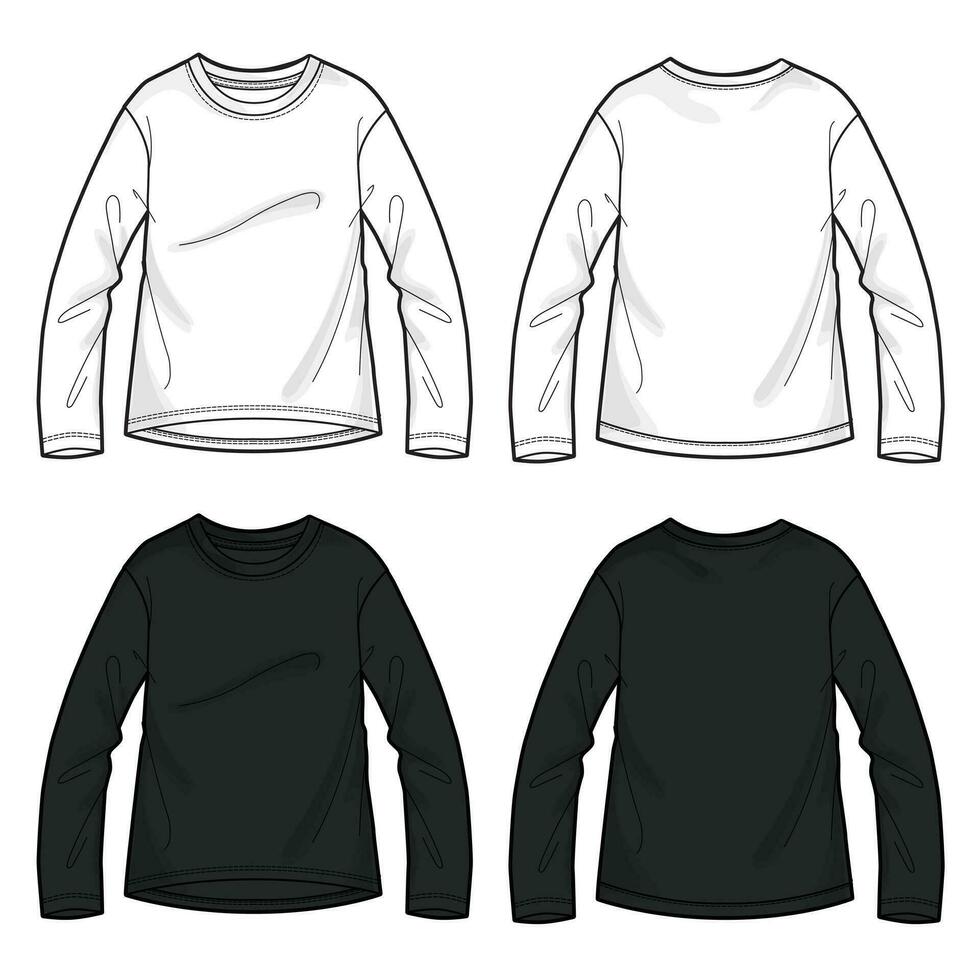 Long sleeve t shirt technical fashion flat sketch template for ladies. Apparel Cotton jersey vector illustration drawing mock up front, views. Clothing t shirt design for women's