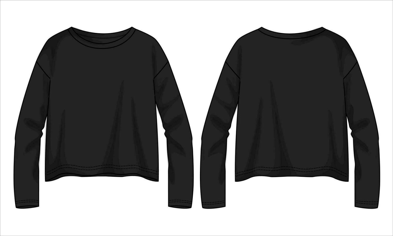 Long sleeve t shirt tops blouse technical drawing fashion flat sketch vector illustration black color template for ladies