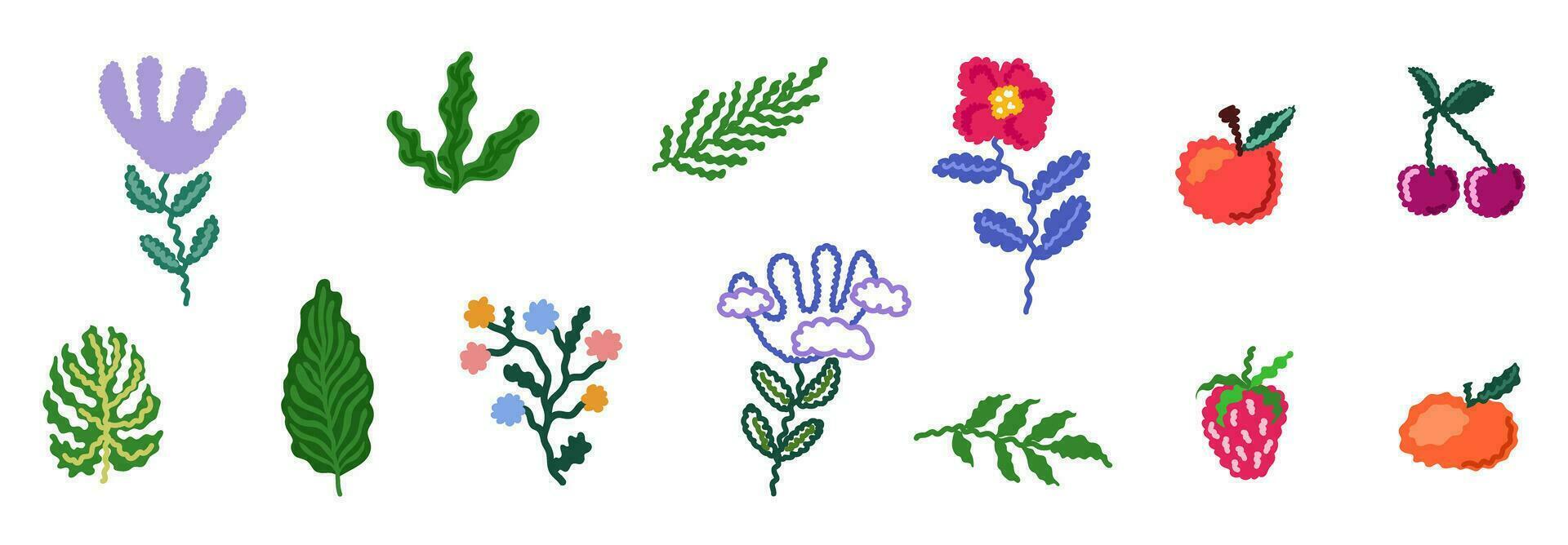 Set of a naive art style tropical floral doodles vector