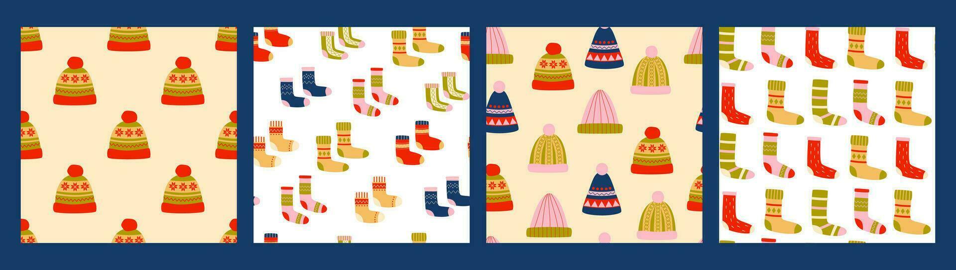 Colorful knitted hats and socks seamless patterns. Santa stockings. Christmas winter holidays. Background, digital paper, wrapping paper. vector