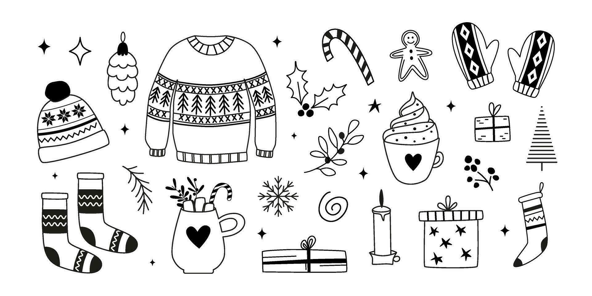 Linear cozy New year doodles, icons. Winter holidays. Christmas. Line art. Hand drawn sketches, contours. vector