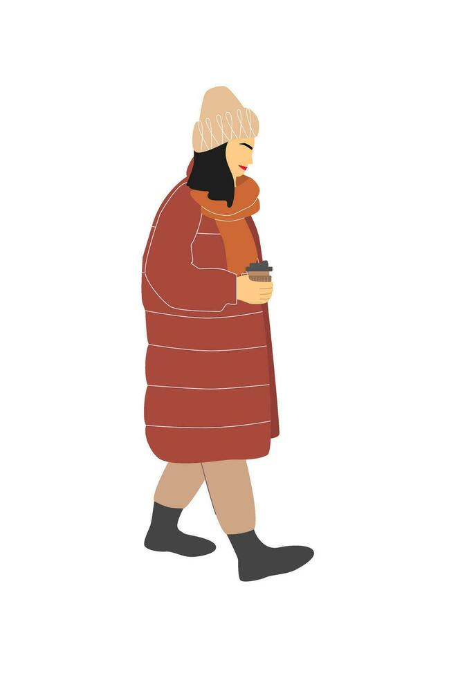 mujer en calentar ropa y con taza de caliente beber. acogedor estación. otoño y invierno caminando. para llevar bebidas vector