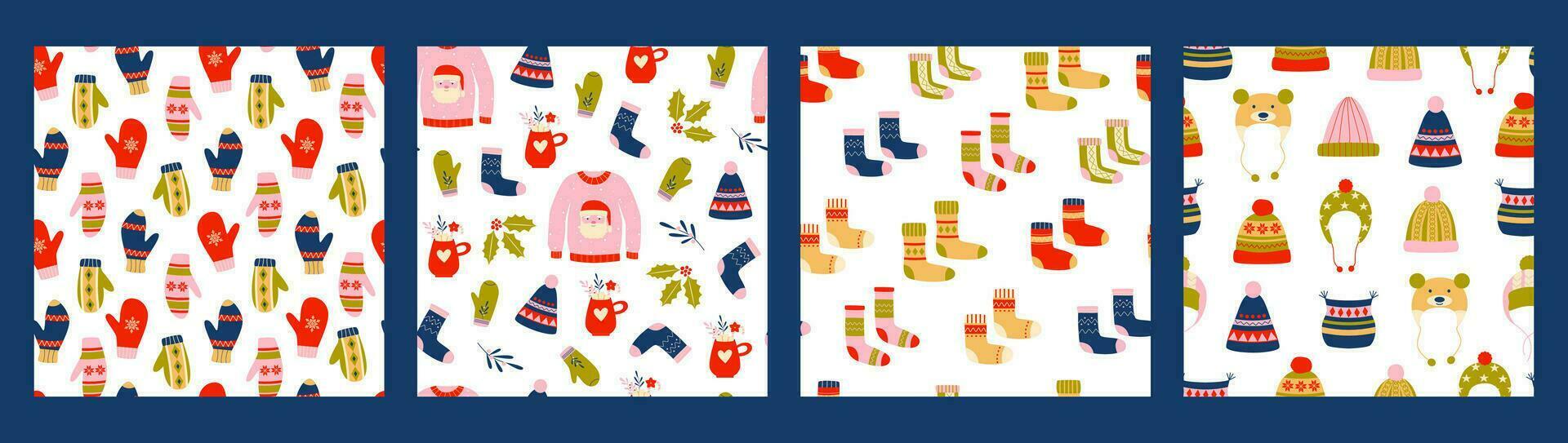 Winter essentials clothing seamless patterns. Hats, mittens, socks, pullovers. Christmas holidays. Background, digital paper, wrapping paper. vector