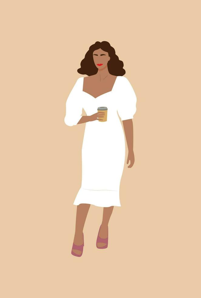 Young lady in beautiful dress drinking beverage. Stylish lady isolated on white. Cocktail party. Summer time. Great for notebook covers, planners, stickers. vector