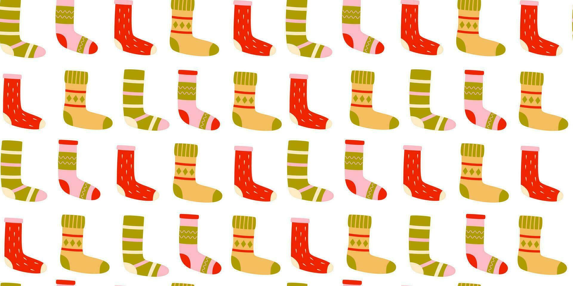 Hanging stockings seamless pattern. Santa socks. Autumn and winter knitted socks, foot wear. Background, digital paper, wrapping paper. vector