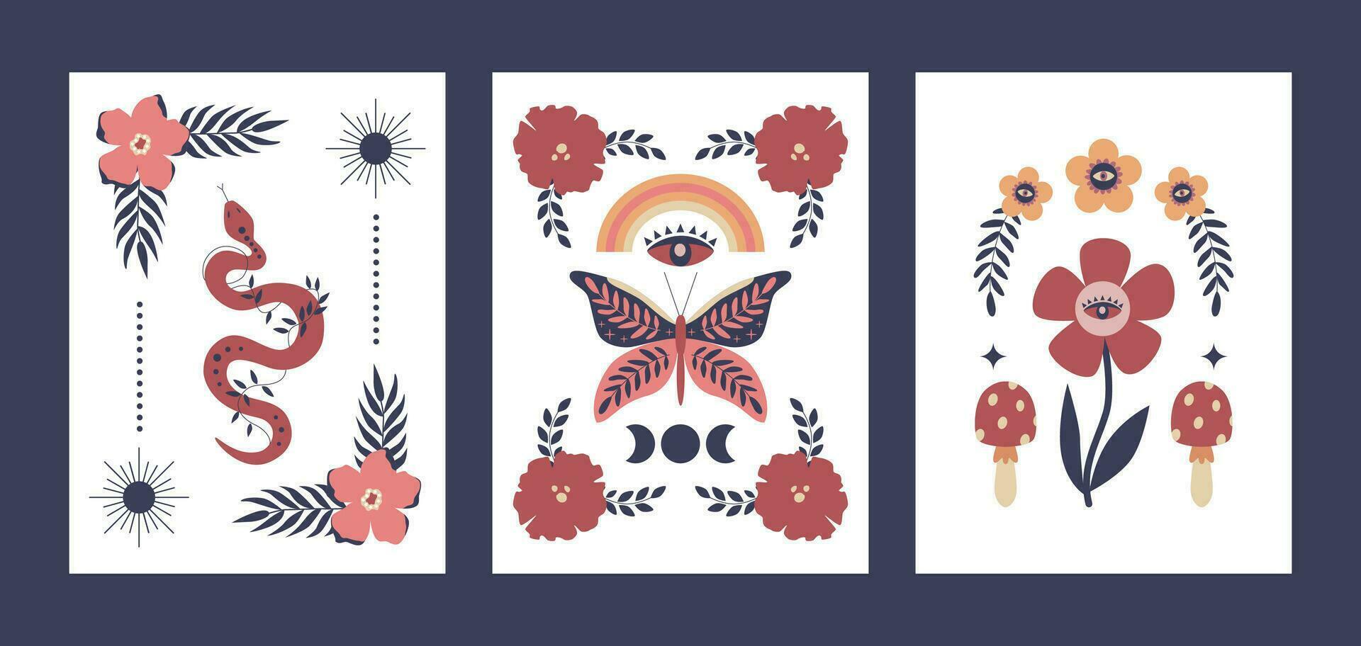 Bohemian magic posters, covers, cards. Snake, butterfly, flowers, mushrooms, rainbow. Mystery garden. Celestial symbols, mystic eyes. Ethnic motifs. vector