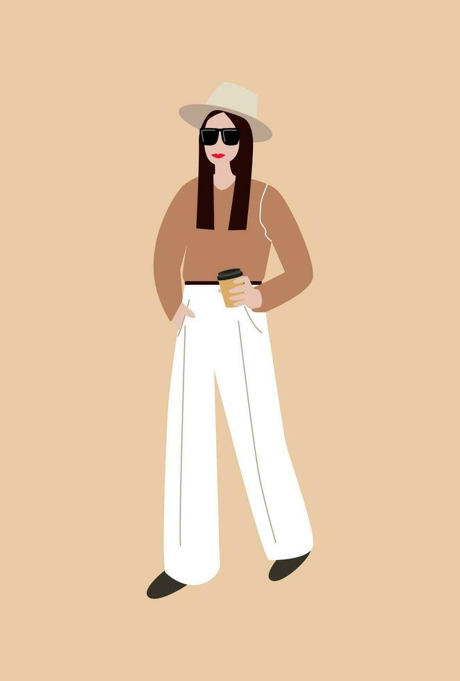 mujer en elegante ropa con sombrero Bebiendo bebida. elegante dama aislado en blanco. cóctel fiesta. verano tiempo. genial para cuaderno cubiertas, planificadores, pegatinas vector