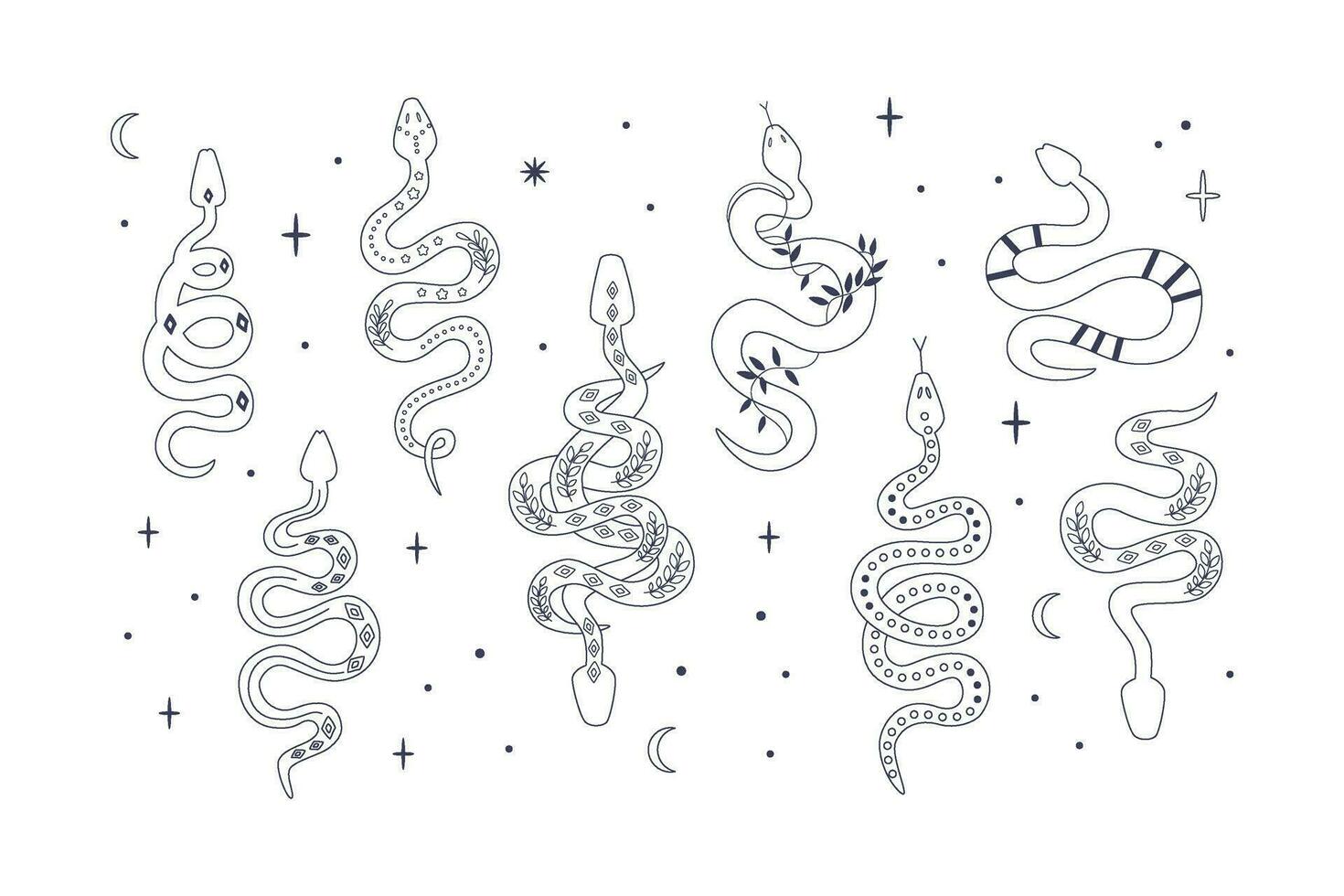 Linear mystic snakes. Abstract outline reptiles. Bohemian fauna. Celestial ethnic symbols. Line art icons, doodles. Coloring page. vector