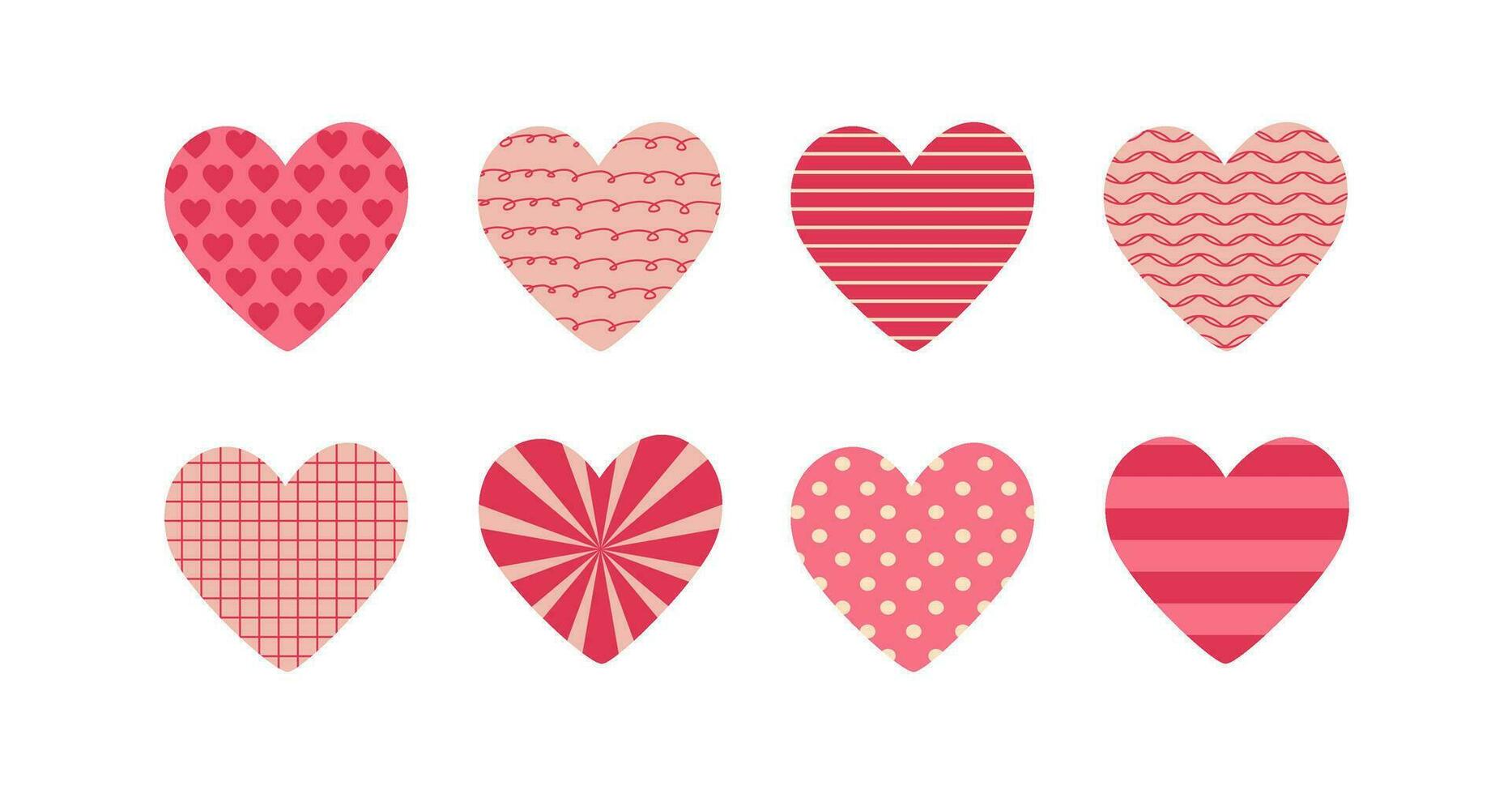 Pink hearts with abstract patterns. Romantic love symbols, doodles. Valentine's day, mother's day, birthday. Girly mood. Retro colors. vector
