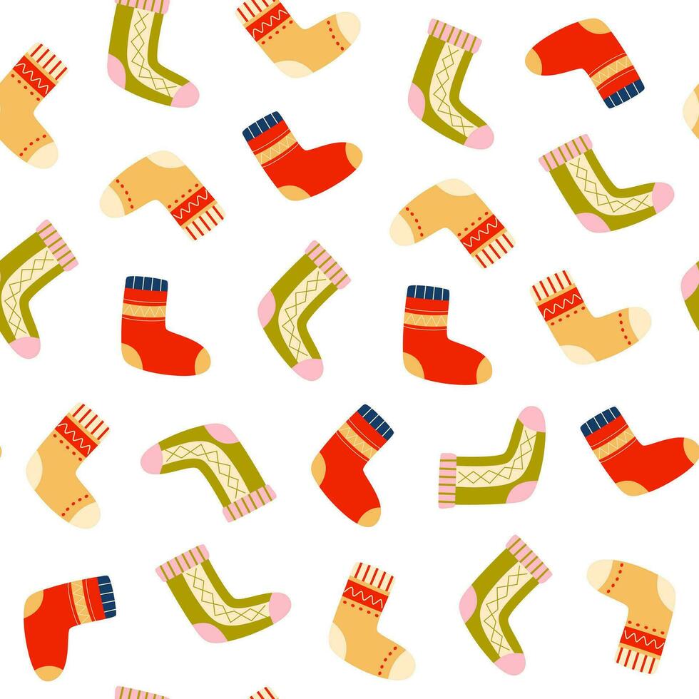 Colorful socks seamless pattern. Autumn and winter warm foot wear. Background, digital paper, wrapping paper. vector