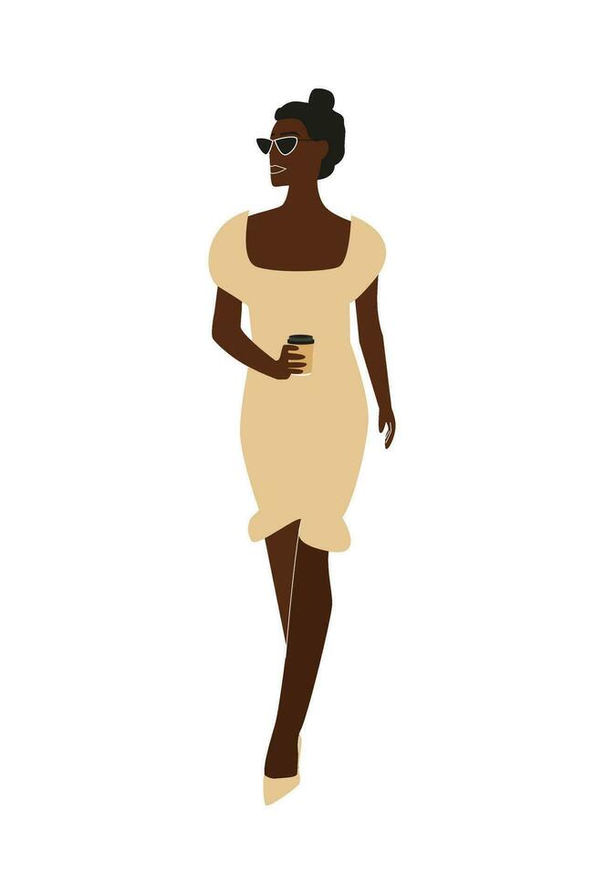 Beautiful black woman with cup of drink. Stylish lady isolated on white. Cocktail party. Summer time. Great for notebook covers, planners, stickers. vector