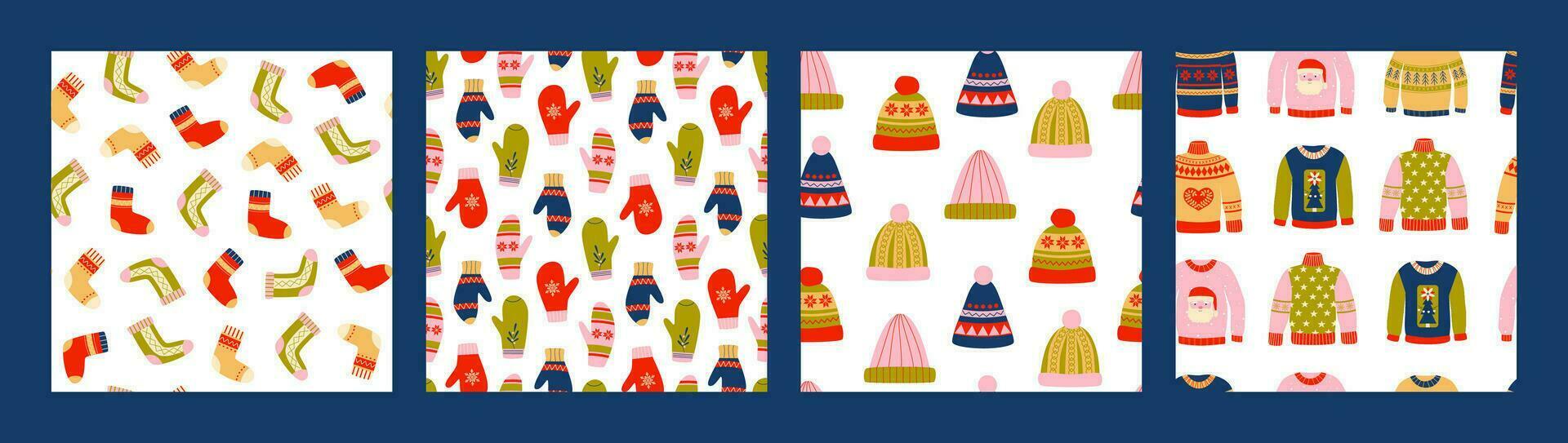 Warm winter clothing seamless patterns. Hats, mittens, socks, sweaters. Background, digital paper, wrapping paper. vector