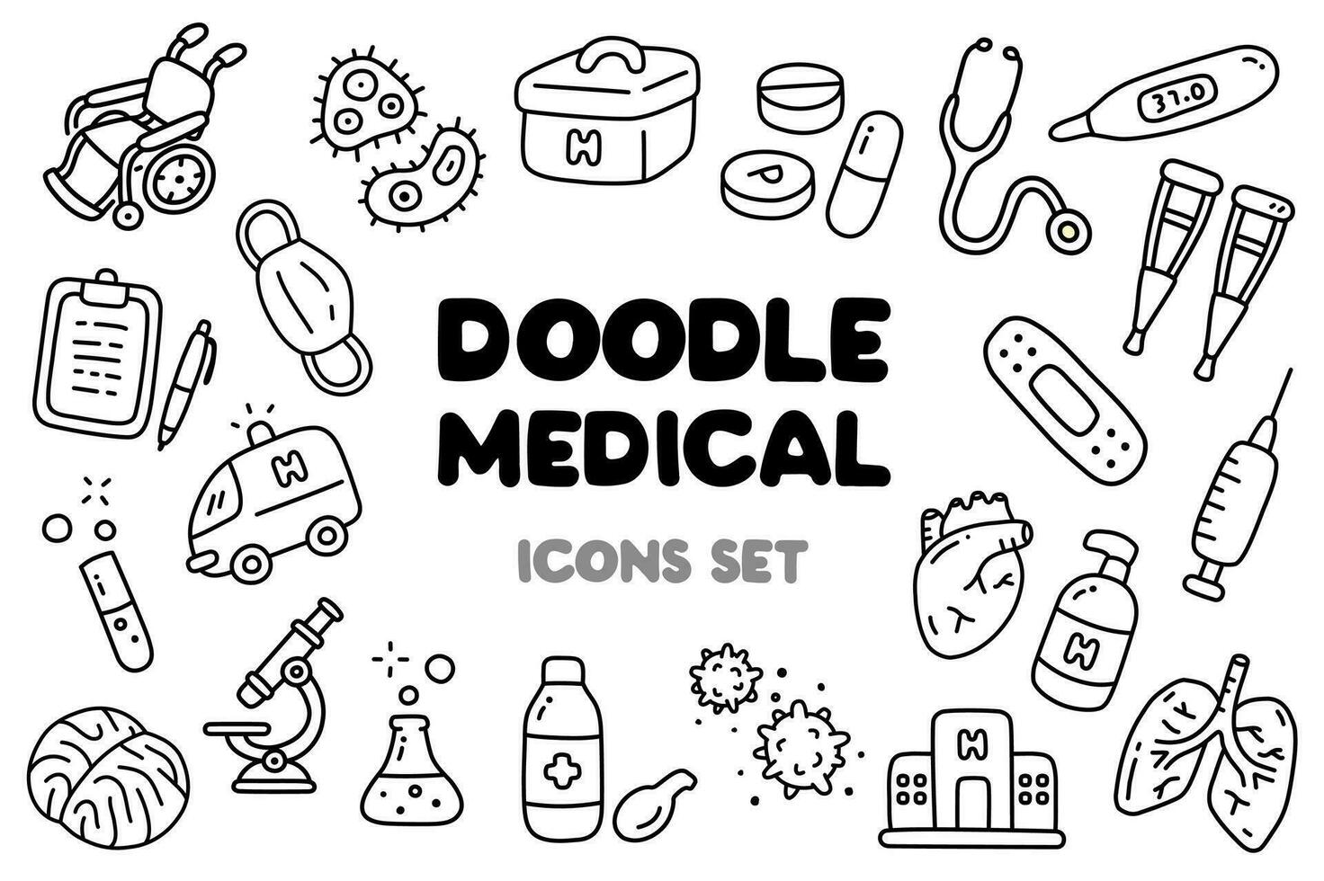 Black and White Doodle Medical Elements Icon Sets vector