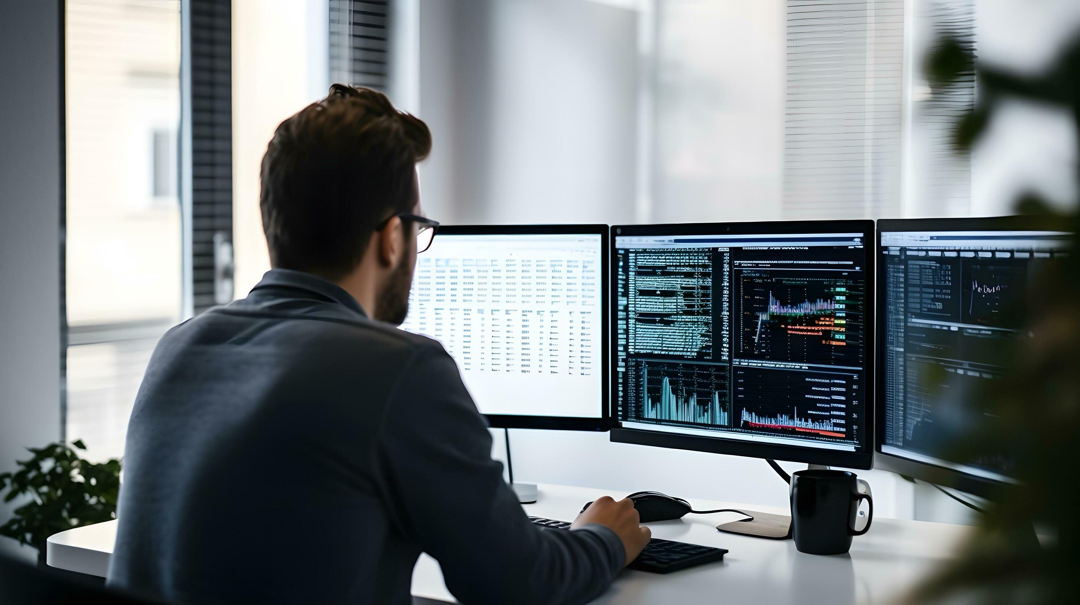 AI generated Programmer Analyzing Data on Multiple Computer Screens ...