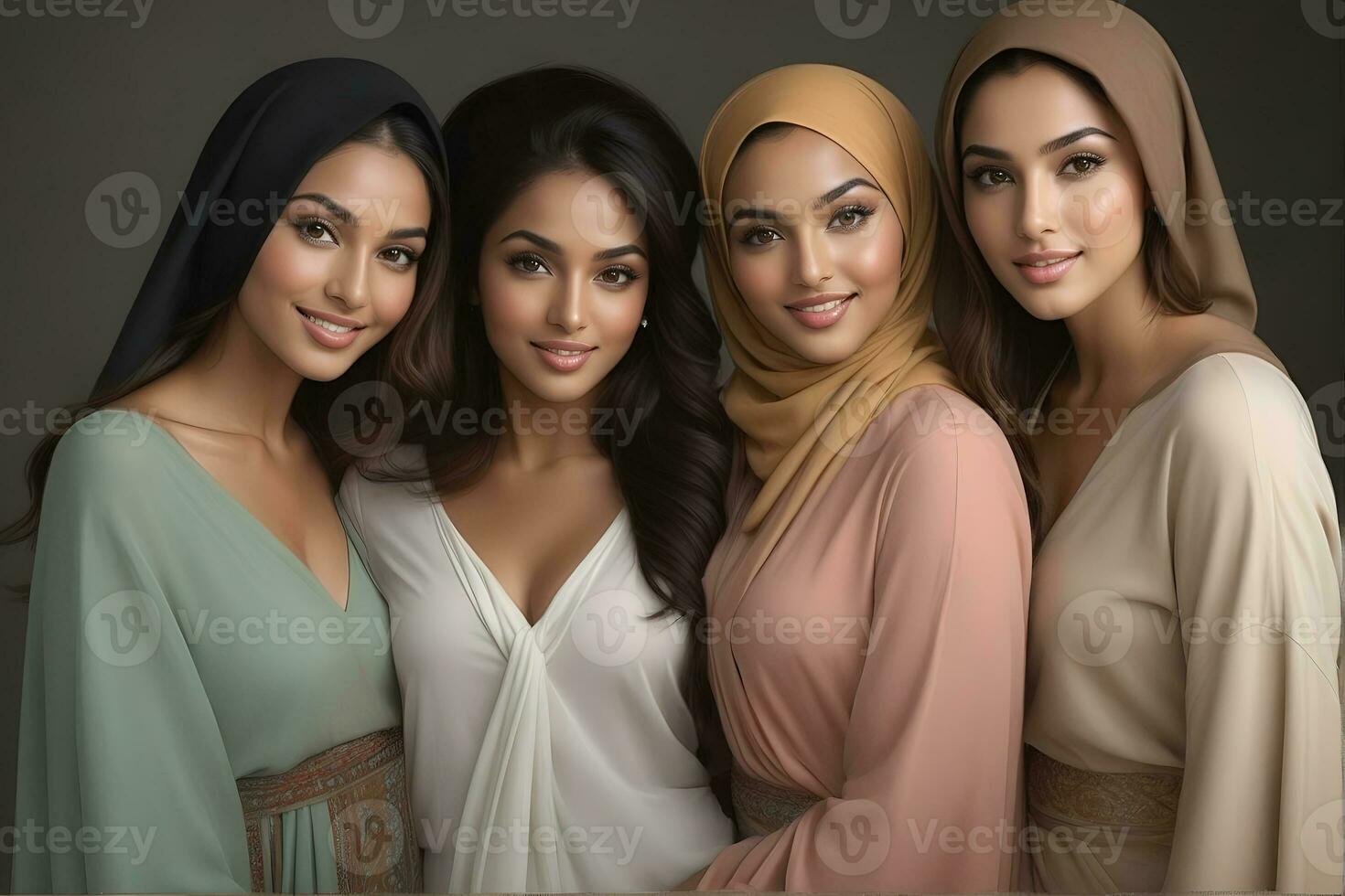 AI generated Beautiful group of Muslims women smiling and laughing wearing a hijab and decorated shawl photo