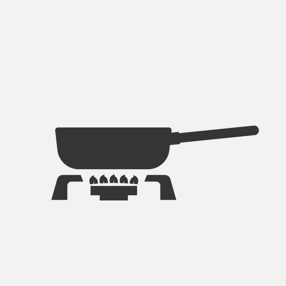 Saucepan on stove black icon. Frying pan, grill. Cooking food, prepare meal concept. Vector