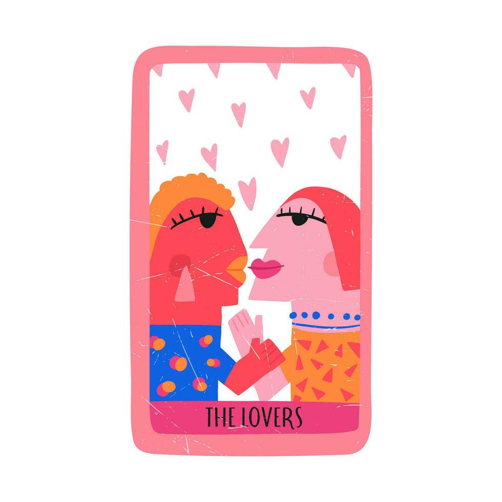 Tarot card the lovers, hand drawn flat vector illustration isolated on white background. Concepts of love, esoteric, magic, fortune telling and prediction. Valentines day card with grunge texture.